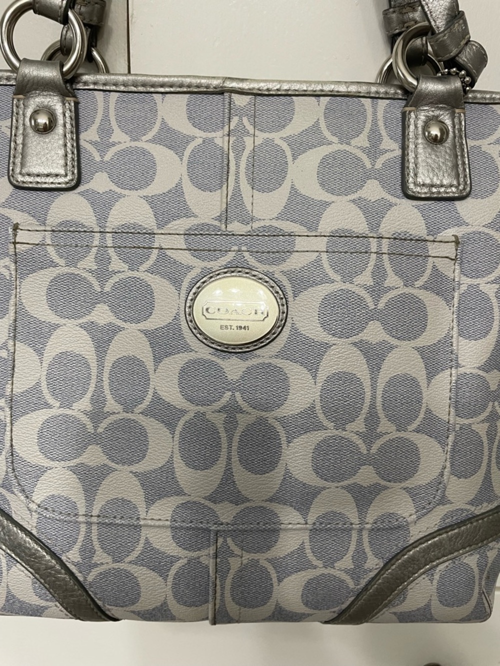 Coach light blue gray Signature Tote with Metallic Trim - Picture 3 of 16